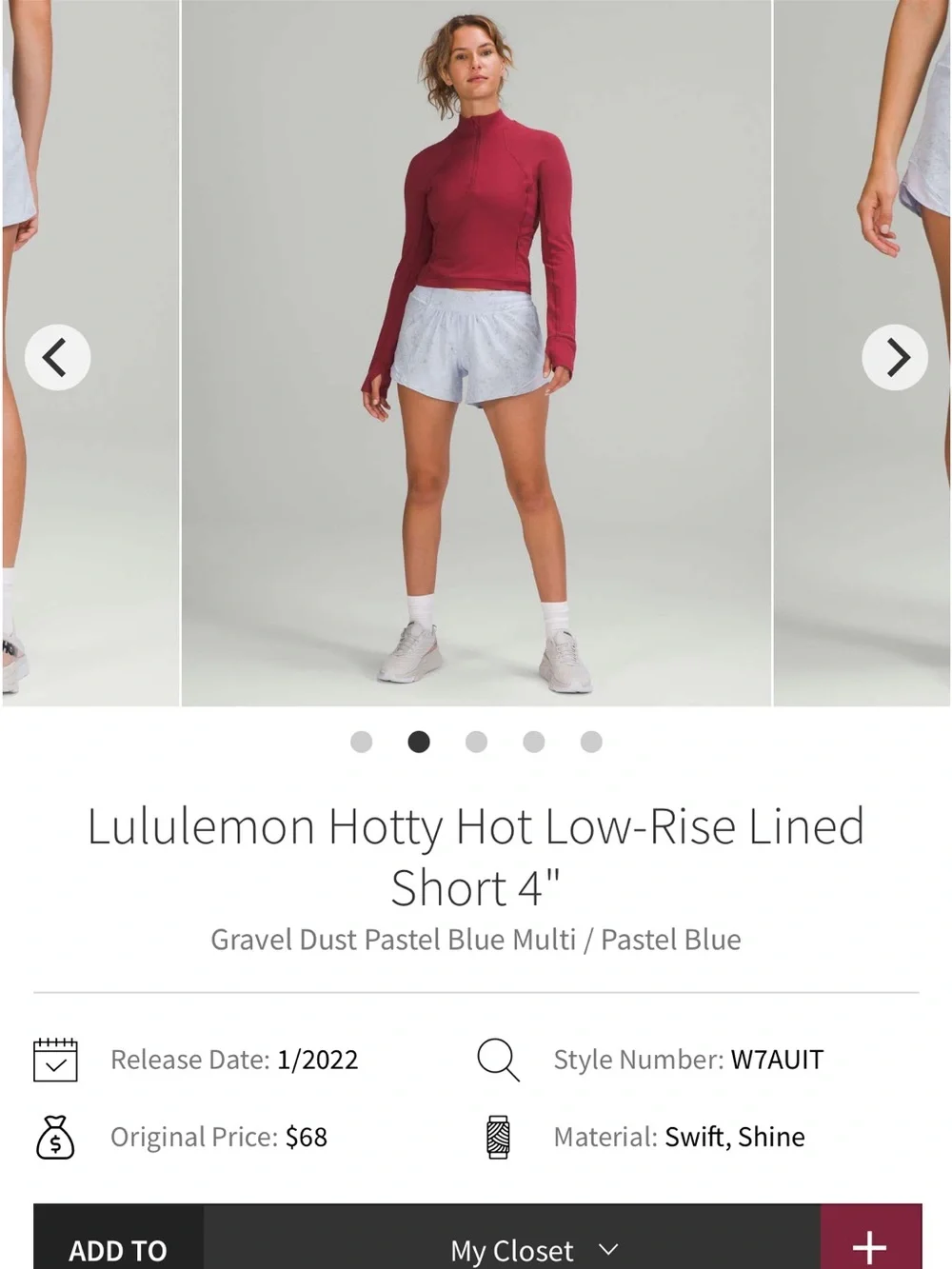 Lululemon Hotty Hot Low-Rise Short 4" Gravel Dust Pastel Blue Size 8 - Picture 3 of 6